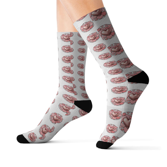 Donut Pattern Sublimation Socks — Pink Glazed Donut Crew Socks